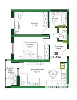 2-к квартира, строящийся дом, 65м2, 7/16 этаж