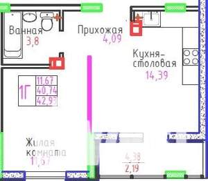 1-к квартира, сданный дом, 43м2, 7/9 этаж